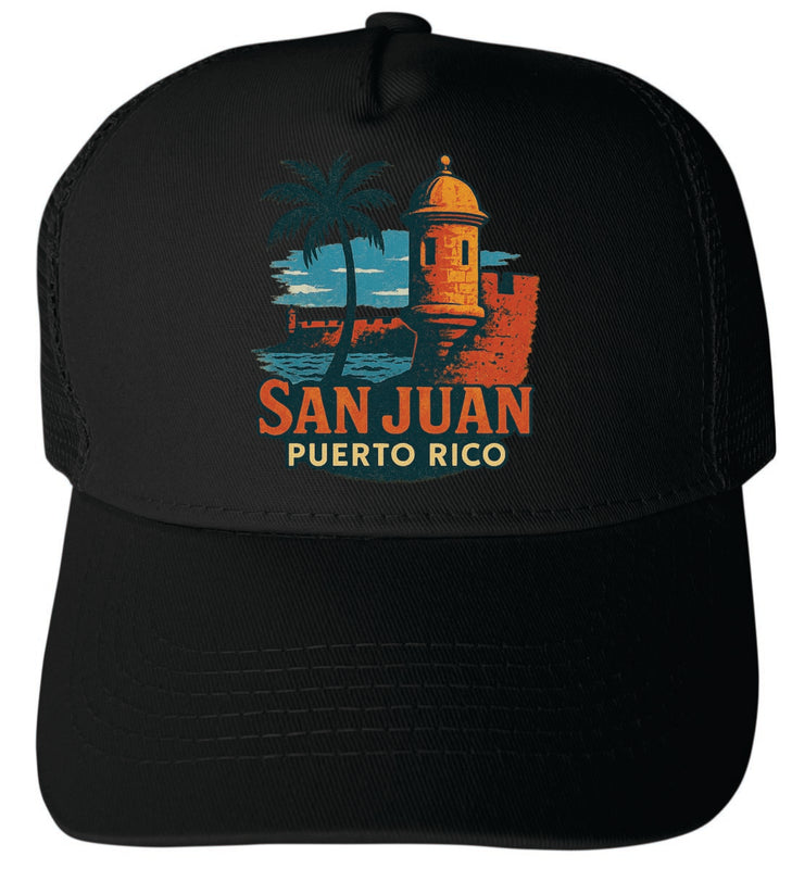 San Juan Puerto Rico Vintage Design Black Unisex Mesh Back Trucker Hat with Adjustable Snapback Black