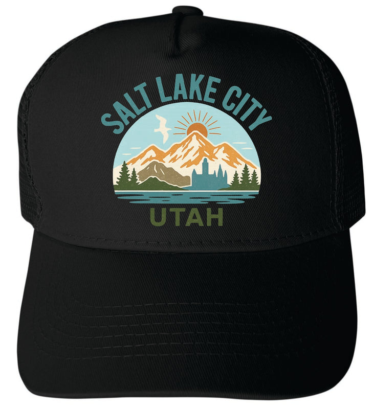 Salt Lake City Utah Vintage Design Black Unisex Mesh Back Trucker Hat with Adjustable Snapback Black