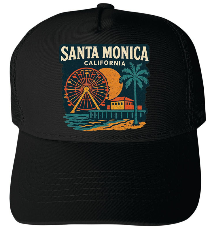 Santa Monica California Vintage Design Black Unisex Mesh Back Trucker Hat with Adjustable Snapback Black