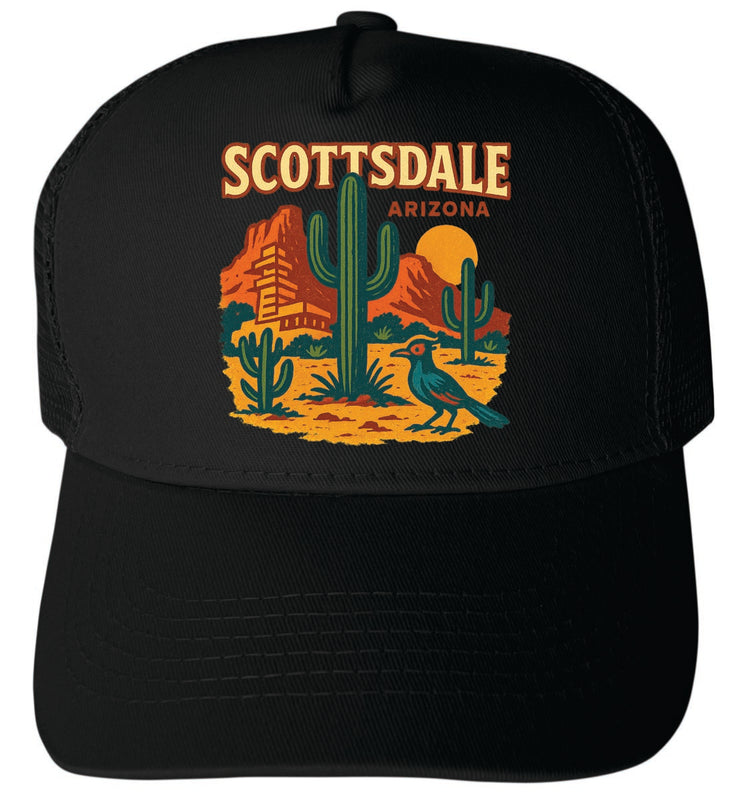 Scottsdale Arizona Vintage Design Black Unisex Mesh Back Trucker Hat with Adjustable Snapback Black