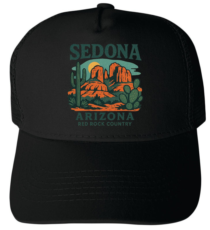 Sedona Arizona Vintage Design Black Unisex Mesh Back Trucker Hat with Adjustable Snapback Black