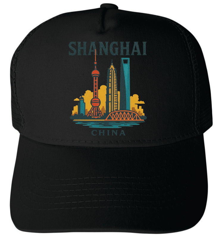 Shanghai China Vintage Design Black Unisex Mesh Back Trucker Hat with Adjustable Snapback Black