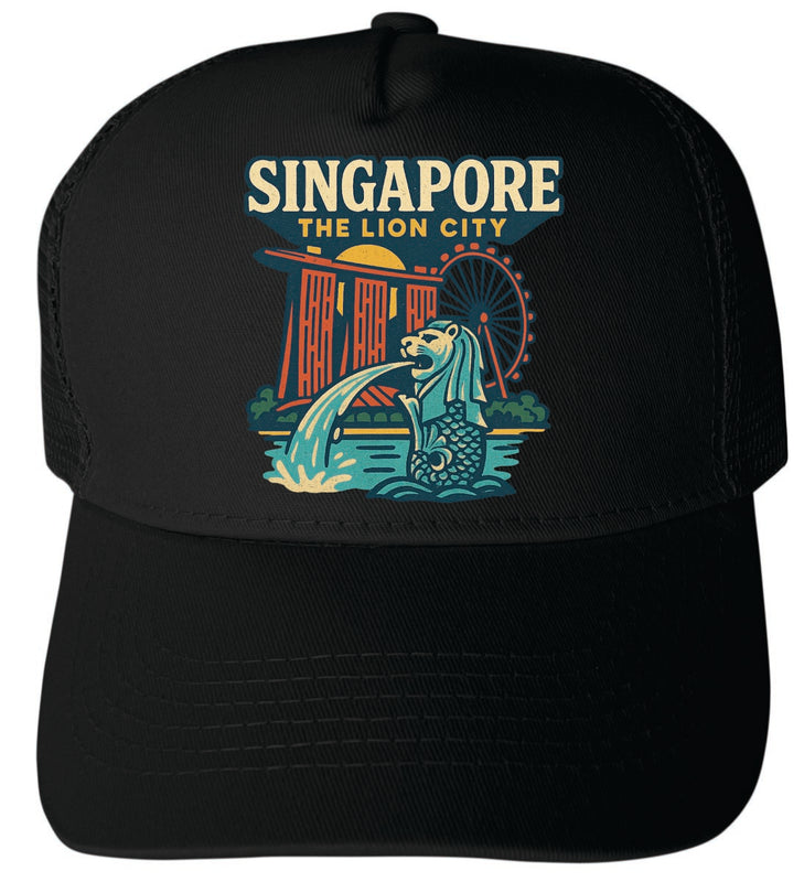 Singapore Vintage Design Black Unisex Mesh Back Trucker Hat with Adjustable Snapback Black