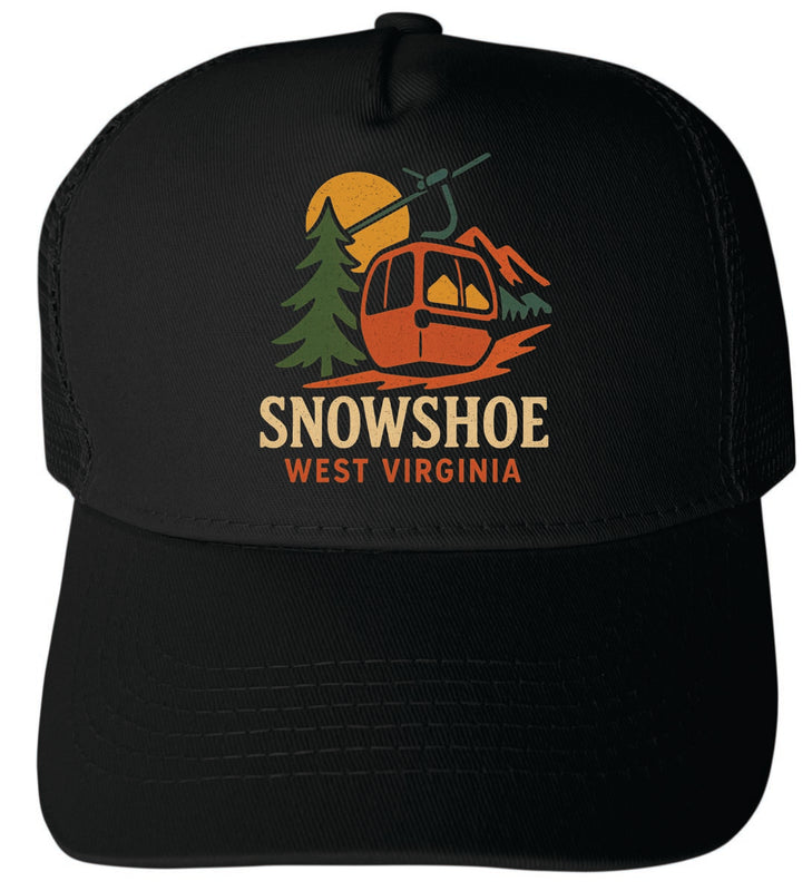 Snowshoe West Virginia Vintage Design Black Unisex Mesh Back Trucker Hat with Adjustable Snapback Black