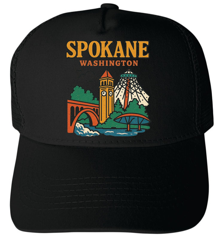 Spokane Washington Vintage Design Black Unisex Mesh Back Trucker Hat with Adjustable Snapback Black