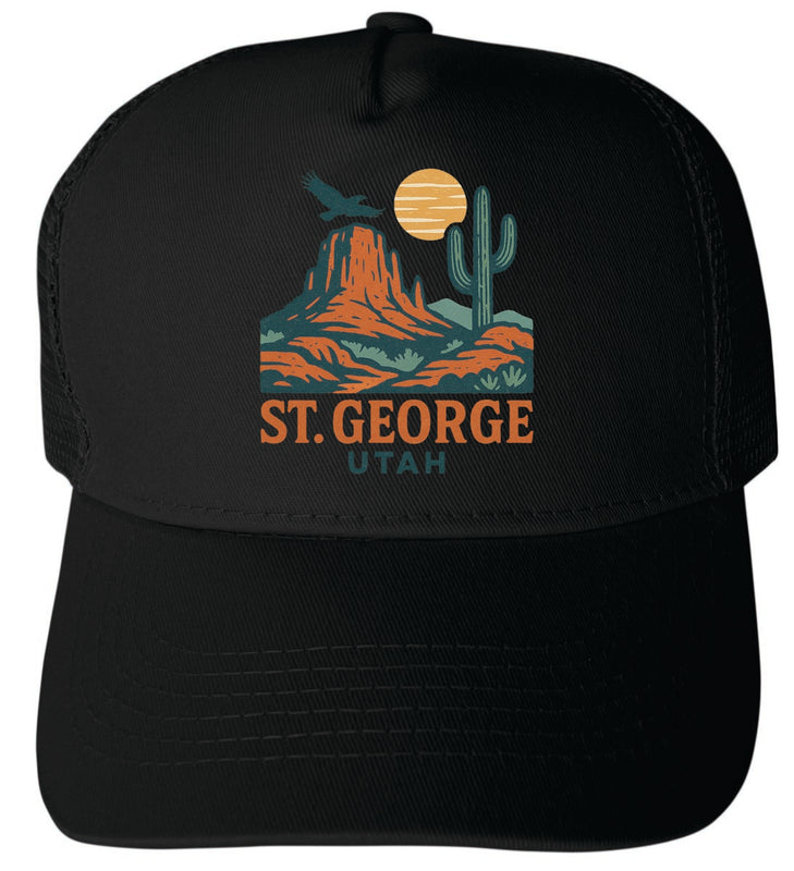 St. George Utah Vintage Design Black Unisex Mesh Back Trucker Hat with Adjustable Snapback Black