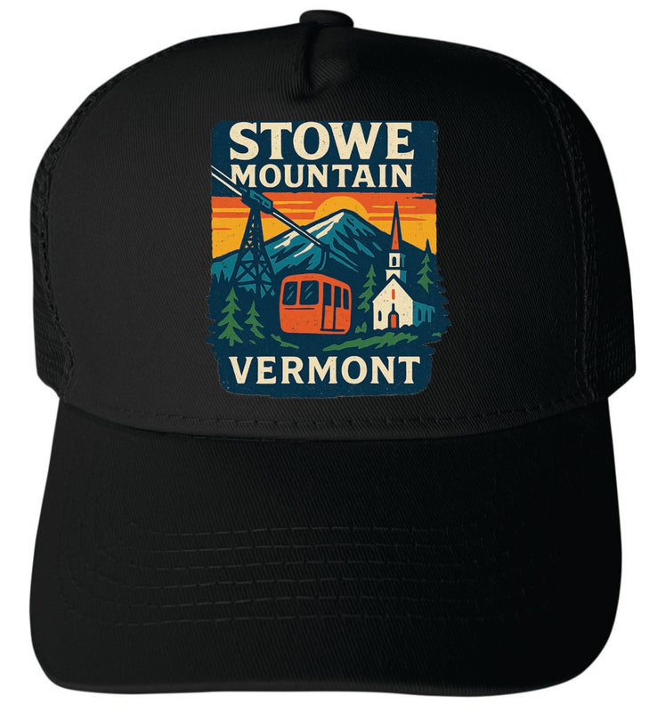 Stowe Mountain Vermont Vintage Design Black Unisex Mesh Back Trucker Hat with Adjustable Snapback Black
