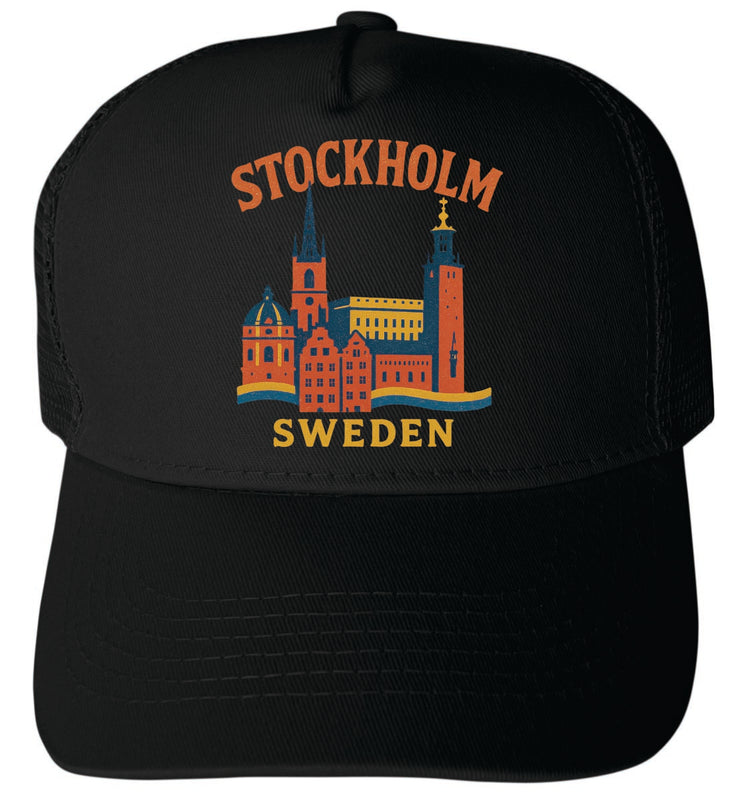 Stockholm Sweden Vintage Design Black Unisex Mesh Back Trucker Hat with Adjustable Snapback Black