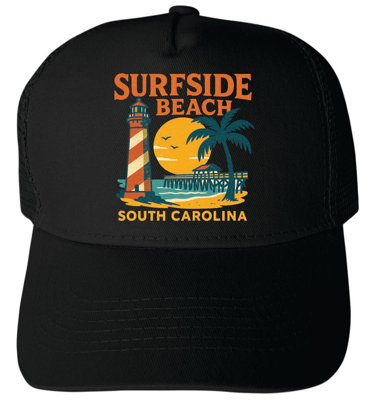 Surfside Beach South Carolina Vintage Design Black Unisex Mesh Back Trucker Hat with Adjustable Snapback Black