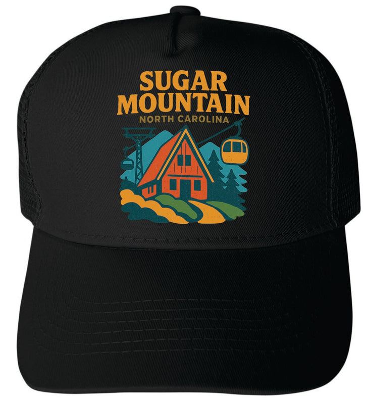 Sugar Mountain North Carolina Vintage Design Black Unisex Mesh Back Trucker Hat with Adjustable Snapback Black