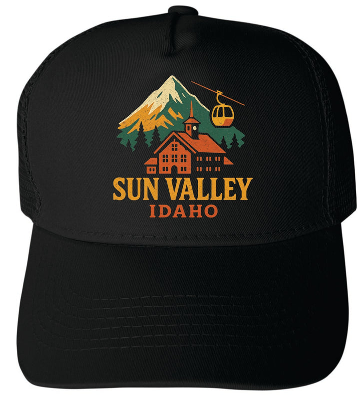 Sun Valley Idaho Vintage Design Black Unisex Mesh Back Trucker Hat with Adjustable Snapback Black