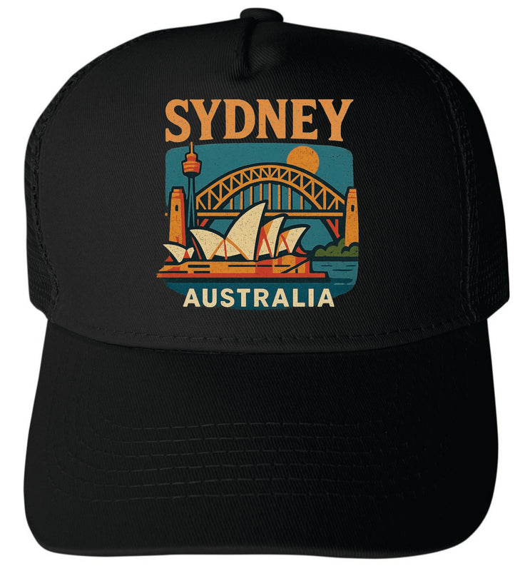 Sydney Australia Vintage Design Black Unisex Mesh Back Trucker Hat with Adjustable Snapback Black