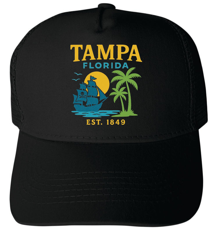 Tampa Florida Vintage Design Black Unisex Mesh Back Trucker Hat with Adjustable Snapback Black