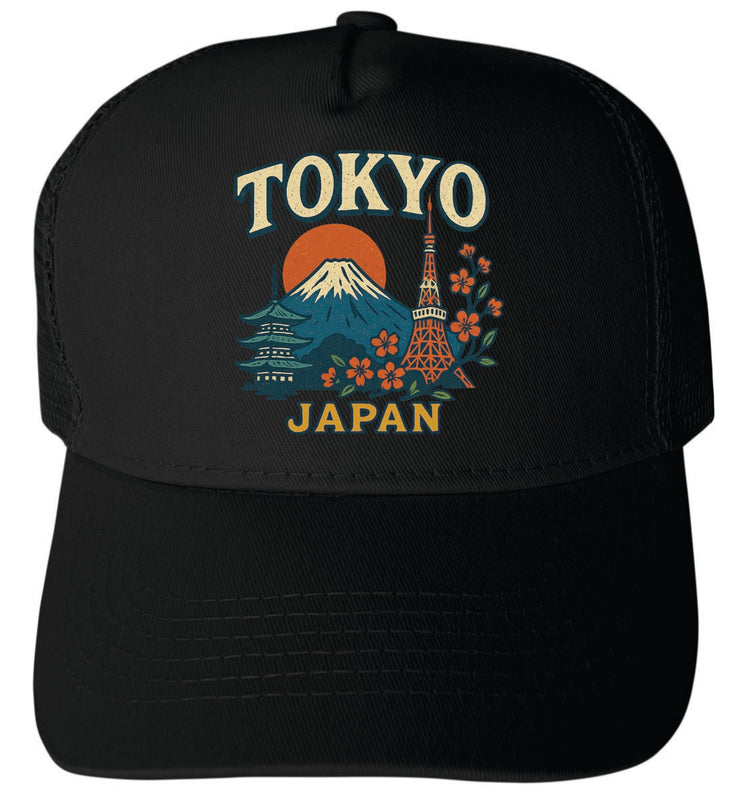 Tokyo Japan Vintage Design Black Unisex Mesh Back Trucker Hat with Adjustable Snapback Black