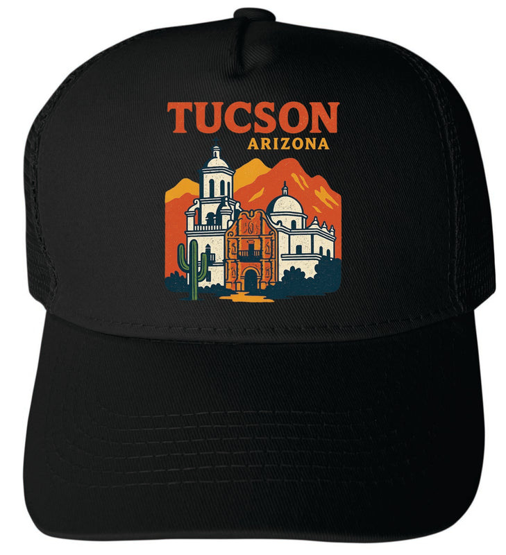 Tucson Arizona Vintage Design Black Unisex Mesh Back Trucker Hat with Adjustable Snapback Black