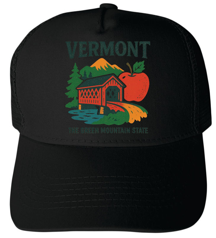 Vermont Vintage Design Black Unisex Mesh Back Trucker Hat with Adjustable Snapback Black