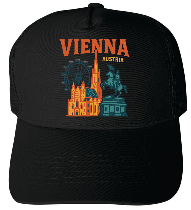 Vienna Austria Vintage Design Black Unisex Mesh Back Trucker Hat with Adjustable Snapback Black
