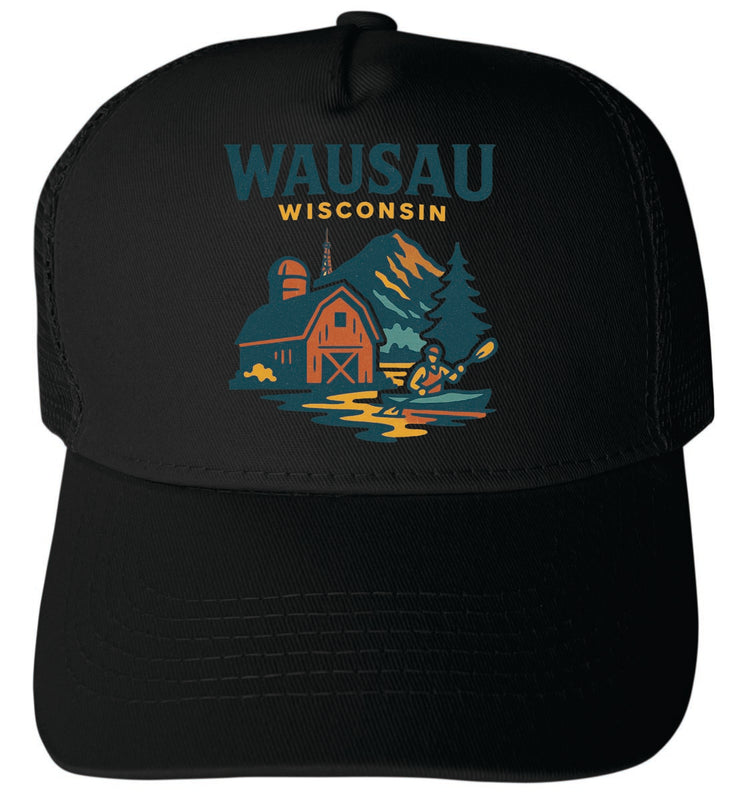 Wausau Wisconsin Vintage Design Black Unisex Mesh Back Trucker Hat with Adjustable Snapback Black