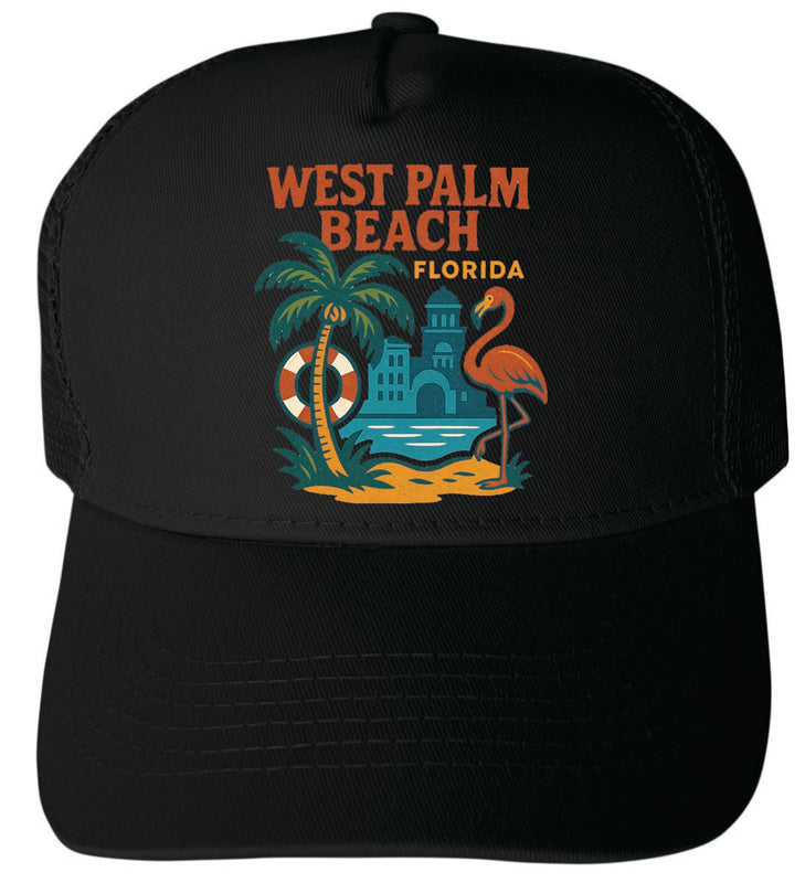 West Palm Beach Florida Vintage Design Black Unisex Mesh Back Trucker Hat with Adjustable Snapback Black