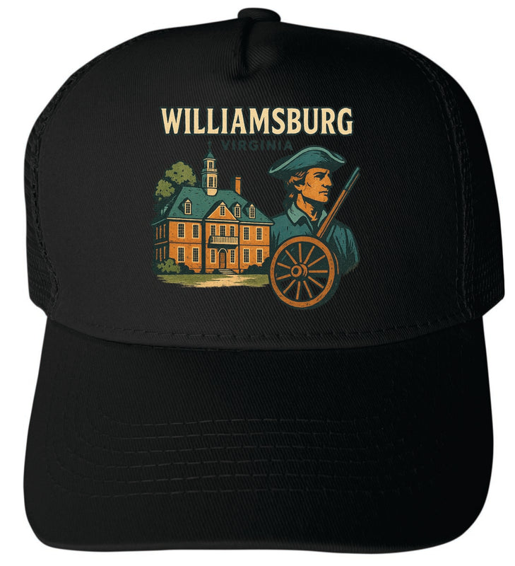 Williamsburg Virginia Vintage Design Black Unisex Mesh Back Trucker Hat with Adjustable Snapback Black