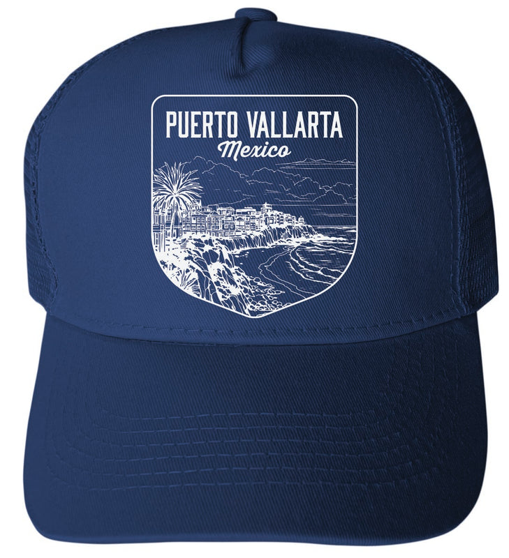 Puerto Vallarta Mexico Design Navy Unisex Mesh Back Trucker Hat – Adjustable Snapback with Silhouette Design Navy