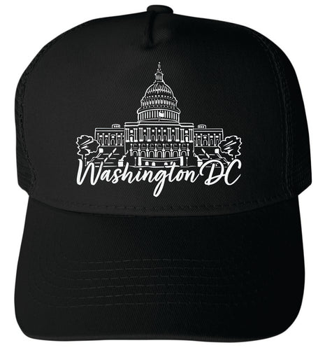 Washington DC Design 2 Black Unisex Mesh Back Trucker Hat – Adjustable Snapback with Silhouette Design Black