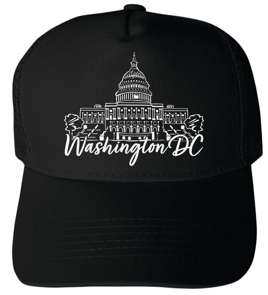 Washington DC Design 2 Black Unisex Mesh Back Trucker Hat – Adjustable Snapback with Silhouette Design Black