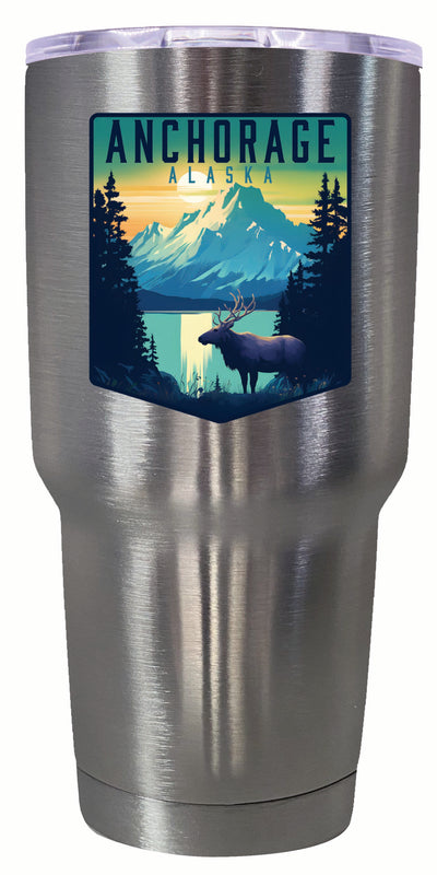 Anchorage Alaska Moose and Mountains Design Souvenir 24 oz Insulated Stainless Steel Tumbler STAINLESS STEEL Single
