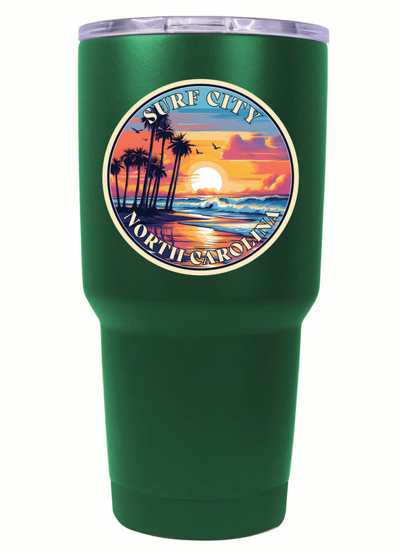 Surf City North Carolina Palm Sunset Design Souvenir 24 oz Insulated Stainless Steel Tumbler Green Single