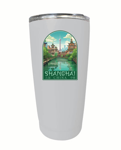 Shanghai China Old Town Design Souvenir 16 oz Stainless Steel Insulated Tumbler White 4-Pack