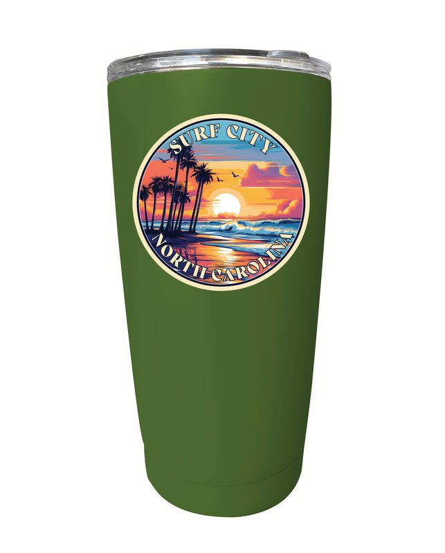 Surf City North Carolina Palm Sunset Design Souvenir 16 oz Stainless Steel Insulated Tumbler Green 2-Pack
