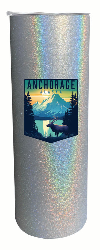 Anchorage Alaska Moose and Mountains Design Souvenir 20 oz Insulated Stainless Steel Skinny Tumbler Gray Glitter 2-Pack
