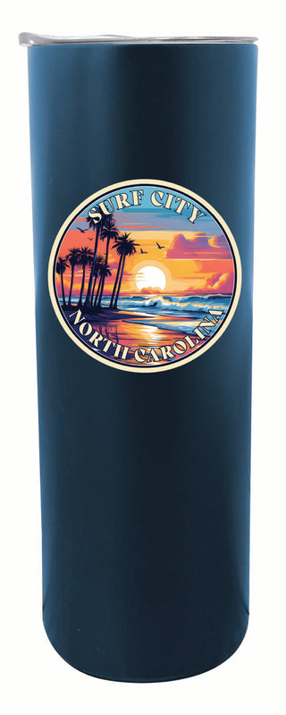 Surf City North Carolina Palm Sunset Design Souvenir 20 oz Insulated Stainless Steel Skinny Tumbler Navy 4-Pack
