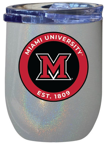 Miami University of Ohio 12 oz Insulated Wine Stainless Steel Tumbler Rainbow Glitter Gray Officially Licensed Collegiate Product Rainbow Glitter Gray