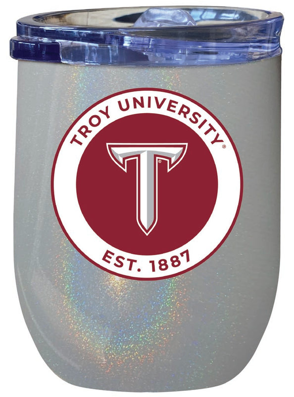 Troy University 12 oz Insulated Wine Stainless Steel Tumbler Rainbow Glitter Gray Officially Licensed Collegiate Product Rainbow Glitter Gray