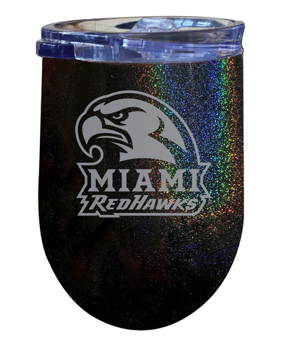 Miami University of Ohio NCAA Laser-Etched Wine Tumbler - 12oz Rainbow Glitter Black Stainless Steel Insulated Cup