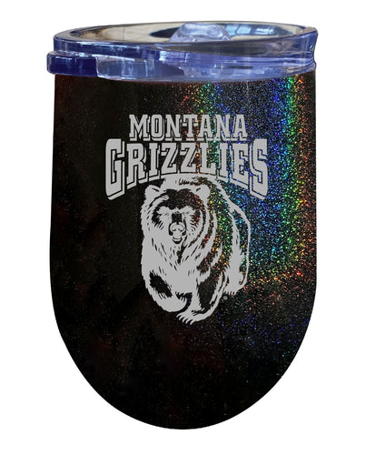 Montana University NCAA Laser-Etched Wine Tumbler - 12oz Rainbow Glitter Black Stainless Steel Insulated Cup