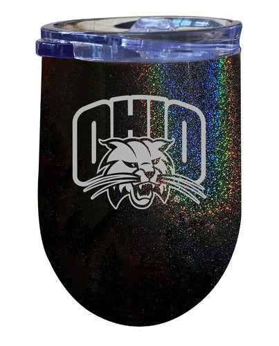 Ohio University NCAA Laser-Etched Wine Tumbler - 12oz Rainbow Glitter Black Stainless Steel Insulated Cup