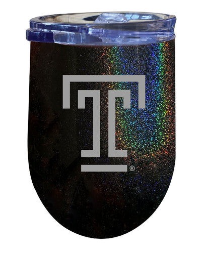 Temple University NCAA Laser-Etched Wine Tumbler - 12oz Rainbow Glitter Black Stainless Steel Insulated Cup