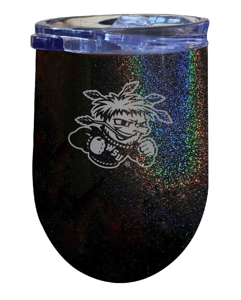 Wichita State Shockers NCAA Laser-Etched Wine Tumbler - 12oz Rainbow Glitter Black Stainless Steel Insulated Cup