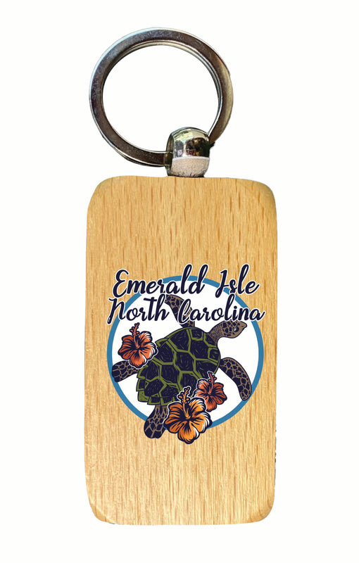 Emerald Isle North Carolina Turtle and Flowers Design Souvenir 2.5x1-Inch Souvenir Wooden Keychain 4-Pack