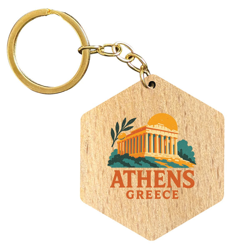 Athens Greece Vintage Design Souvenir Flat Wooden Keychain (Multiple Shapes) 