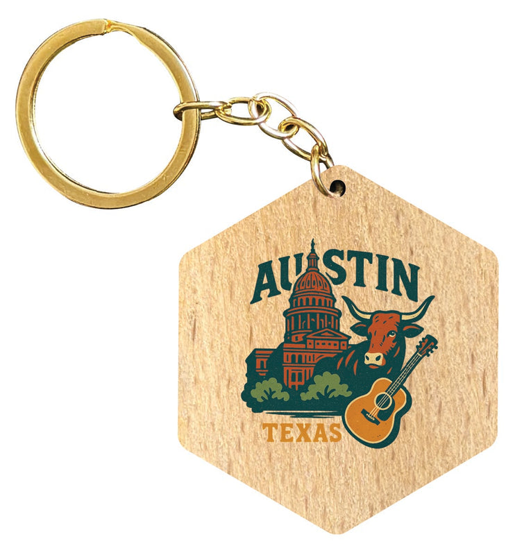 Austin Texas Vintage Design Souvenir Flat Wooden Keychain (Multiple Shapes) 