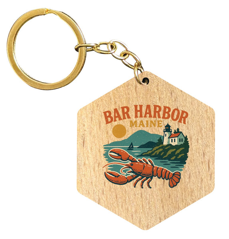 Bar Harbor Maine Vintage Design Souvenir Flat Wooden Keychain (Multiple Shapes) 