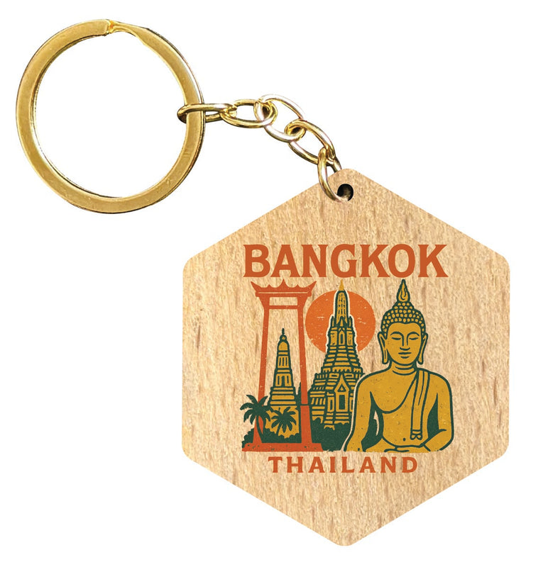 Bangkok Thailand Vintage Design Souvenir Flat Wooden Keychain (Multiple Shapes) 