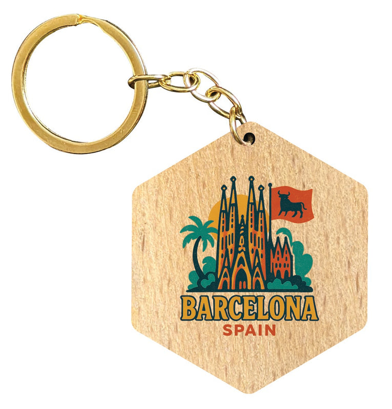 Barcelona Spain Vintage Design Souvenir Flat Wooden Keychain (Multiple Shapes) 