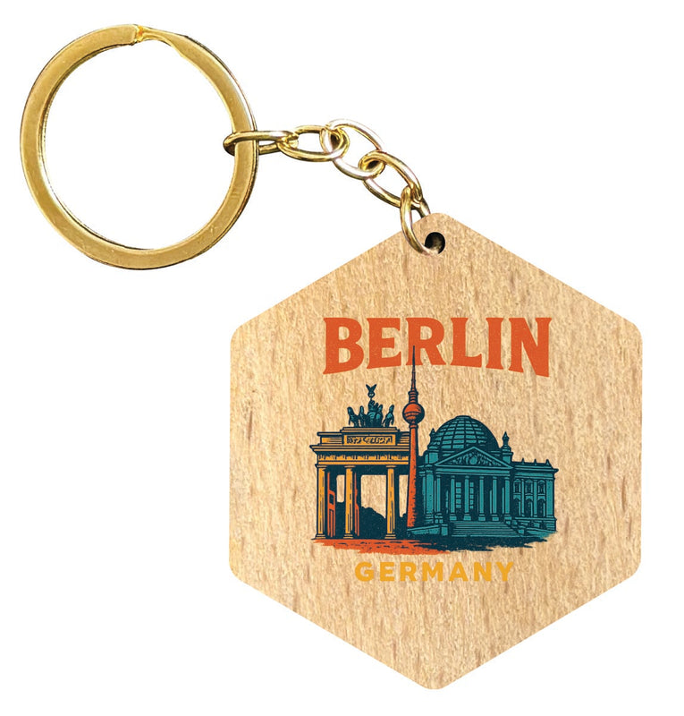 Berlin Germany Vintage Design Souvenir Flat Wooden Keychain (Multiple Shapes) 