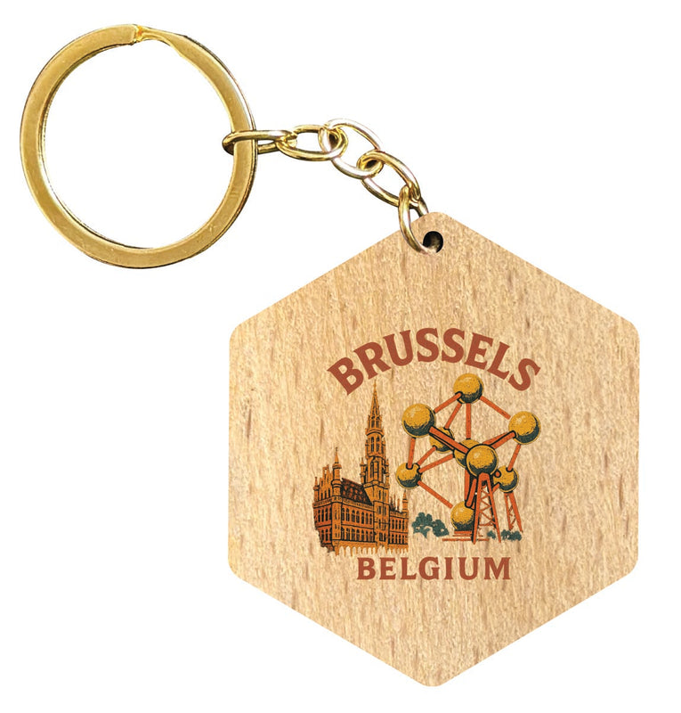 Brussels Belgium Vintage Design Souvenir Flat Wooden Keychain (Multiple Shapes) 