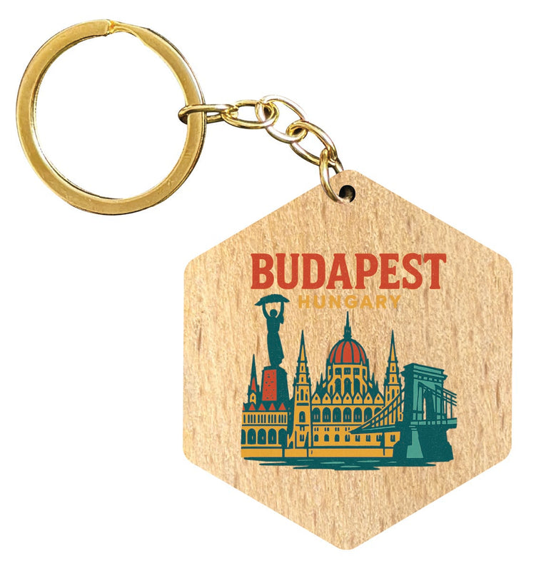 Budapest Hungary Vintage Design Souvenir Flat Wooden Keychain (Multiple Shapes) 