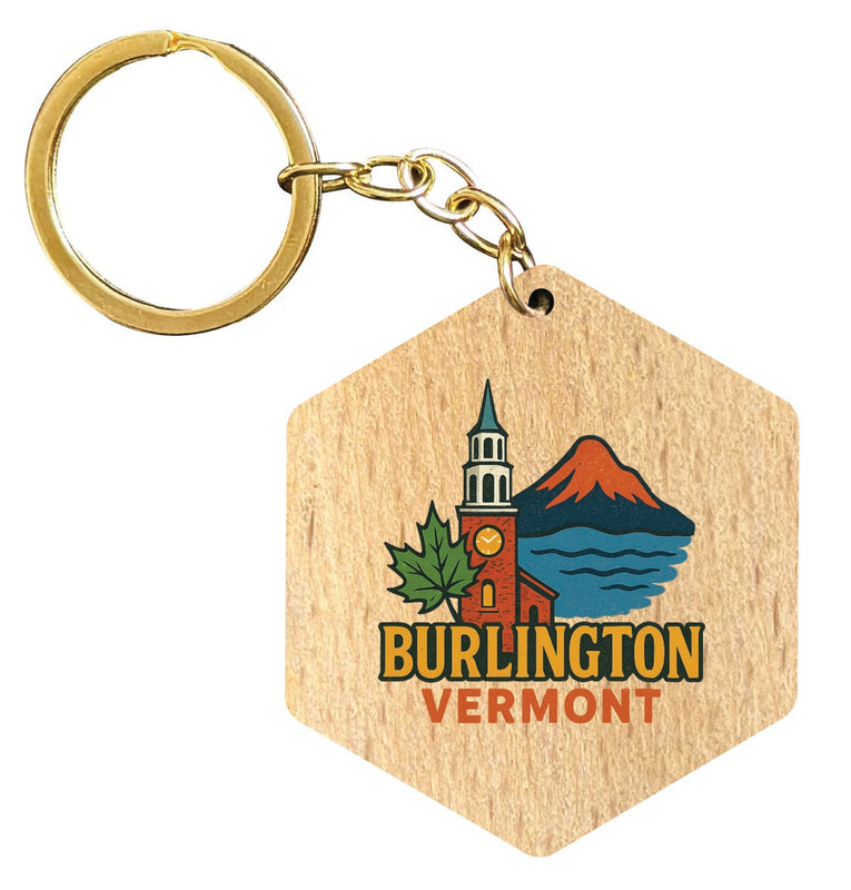 Burlington Vermont Vintage Design Souvenir Flat Wooden Keychain (Multiple Shapes) 